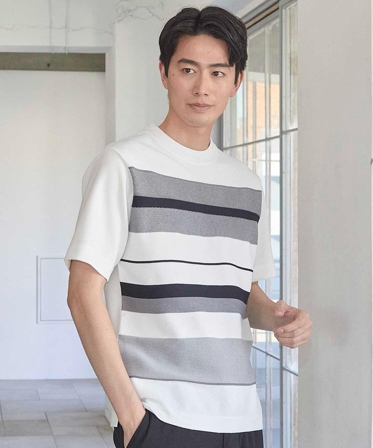 ニット切り替え ボーダー ポンチTシャツ