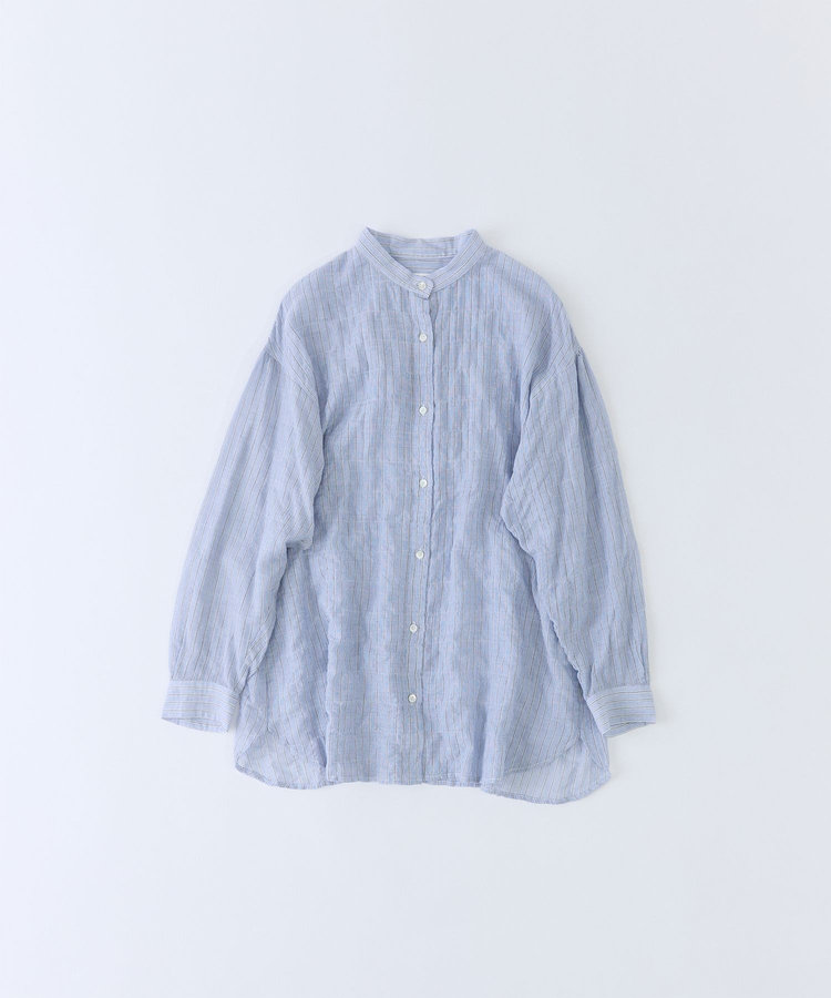 シャーリングバンドカラーロングシャツ